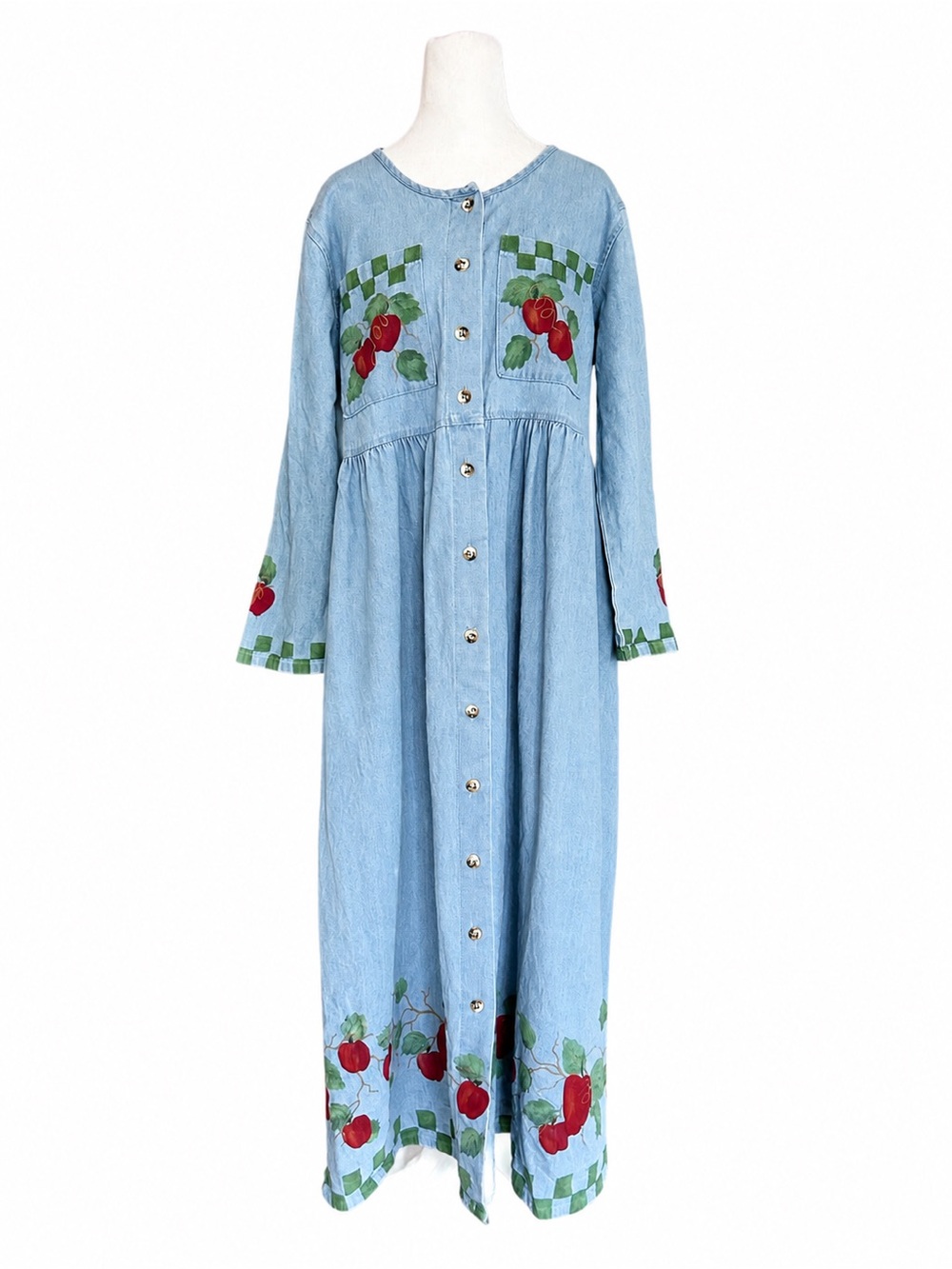 Vtg 90s Sun Belt Denim Teacher Dress S Apple Novelty Embroidered Maxi